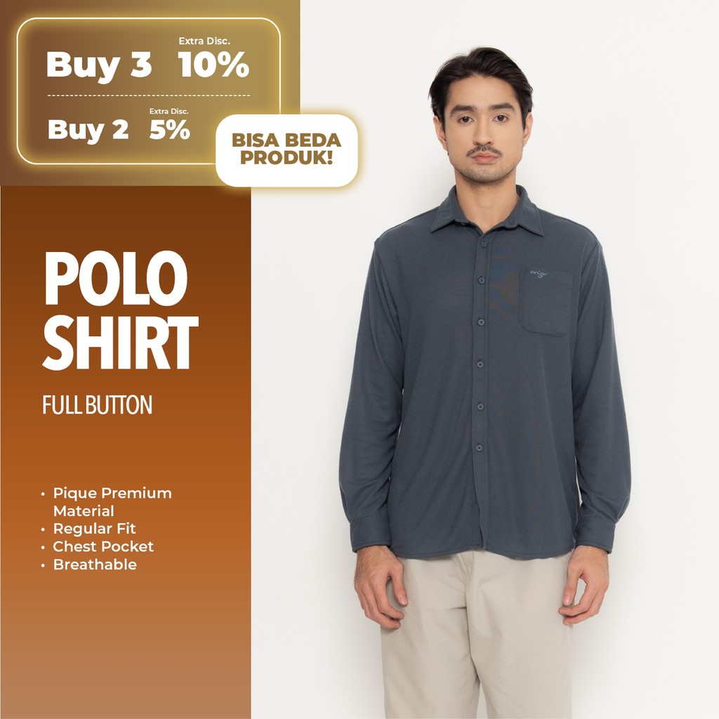 Erigo Polo Shirt Full Button Long Sleeve Barra Stargazer Blue - Kemeja Kerah Lengan Panjang Polos Un