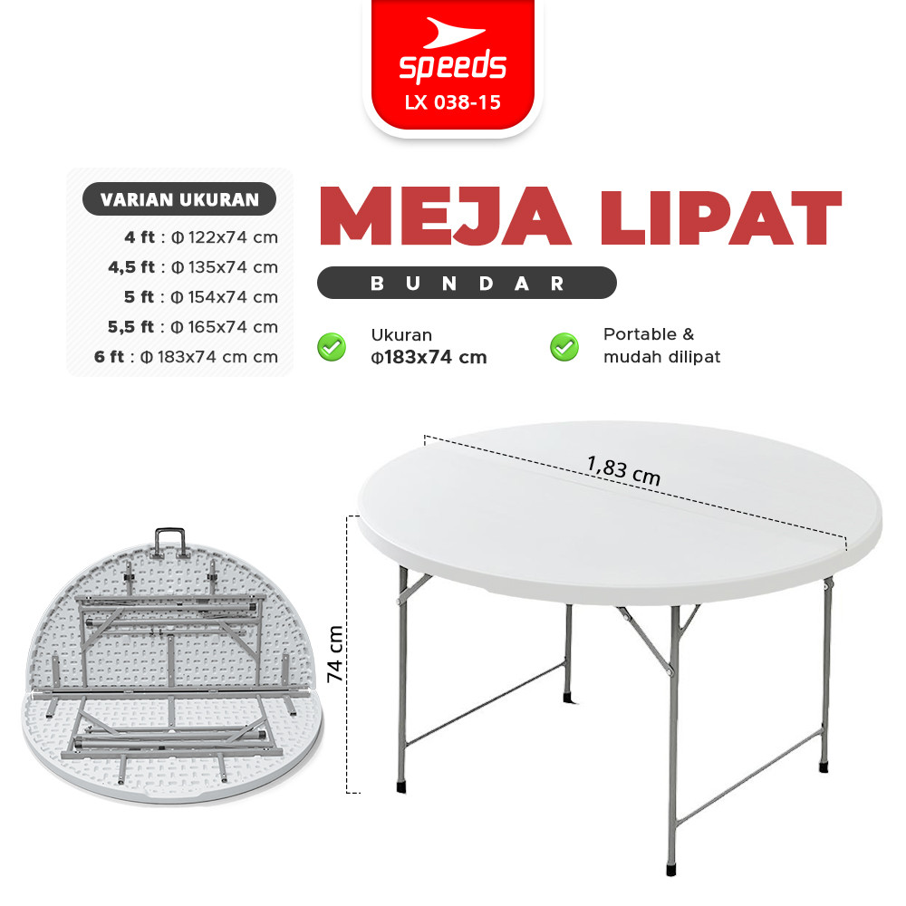 SPEEDS Meja Lipat Bulat Plastik 183x183x74cm Indoor Outdoor Serbaguna 038-15