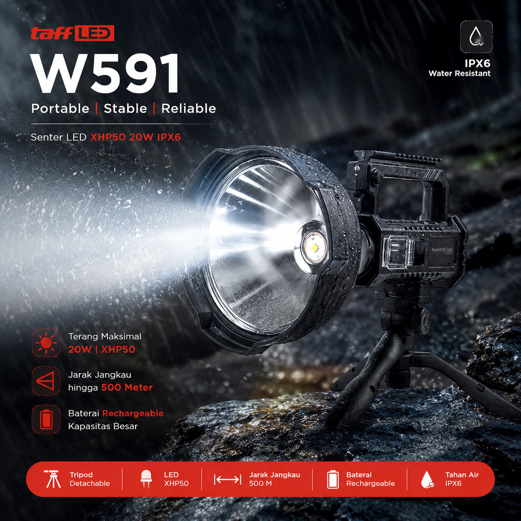 TaffLED Senter LED XHP50 Tripod Rechargeable Waterproof IPX6 20W - W591 Original 99 Engine
