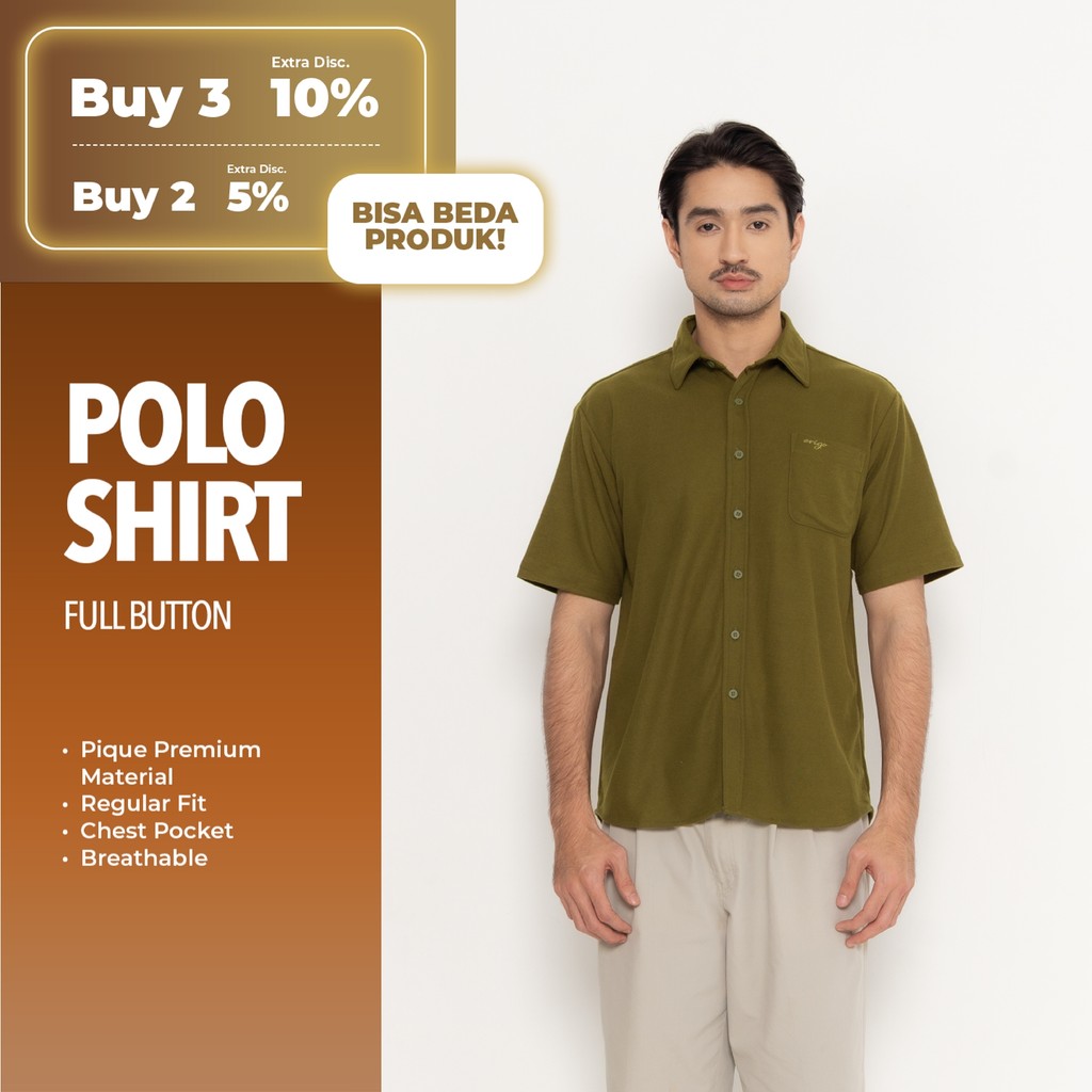 Erigo Polo Shirt Full Button Short Sleeve Filbert Olive - Kemeja Kerah Lengan Pendek Polos Unisex