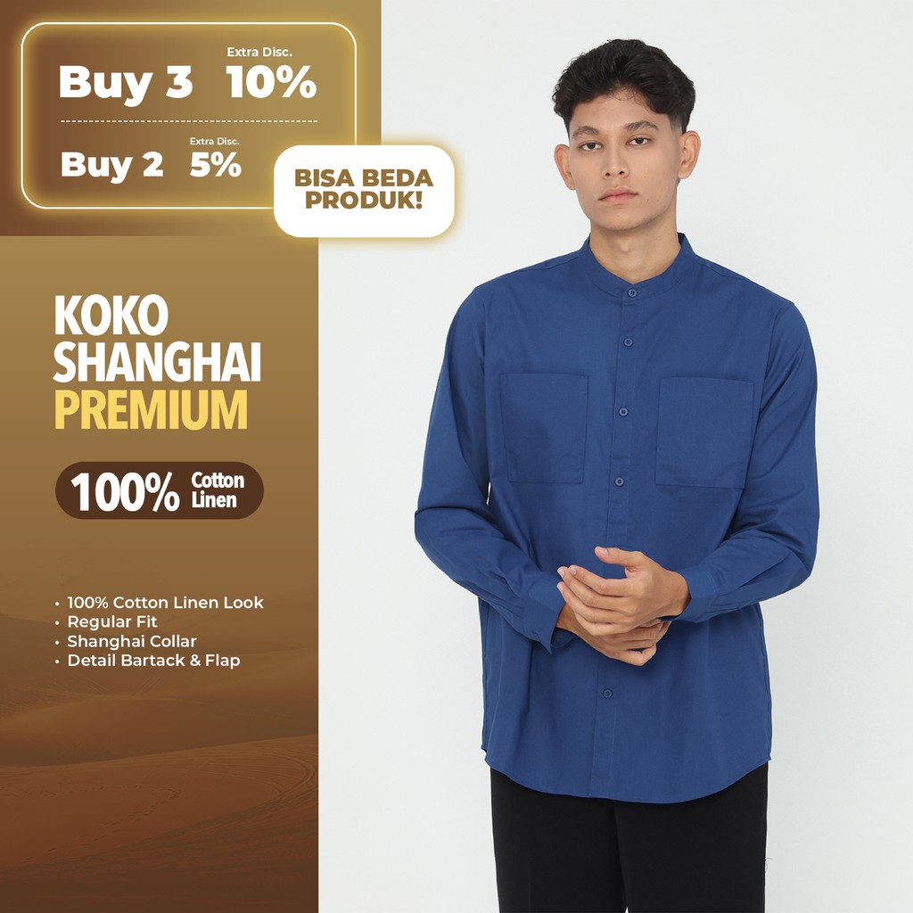Erigo Koko Shanghai Premium Long Sleeve Akbar Blue - Baju Koko Lengan Panjang Premium Katun Linen Un