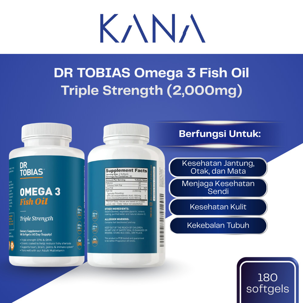 DR TOBIAS Omega 3 Fish Oil Triple Strength, 2,000mg, Burpless, Non-GMO
