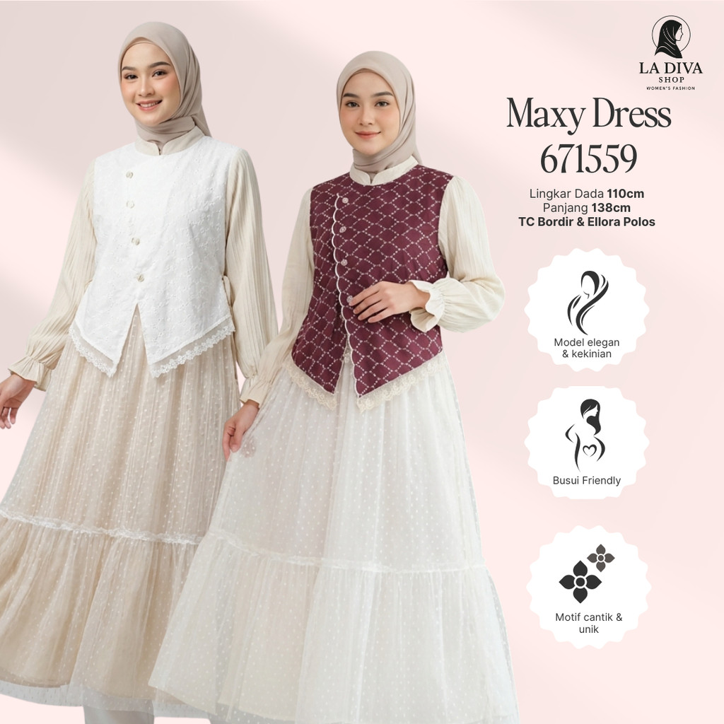 La Diva - Raisa Maxy Dress Gamis Tile Dot Bordir Elegan Busui Friendly Fit XL - EXTU HERITAGE 671559