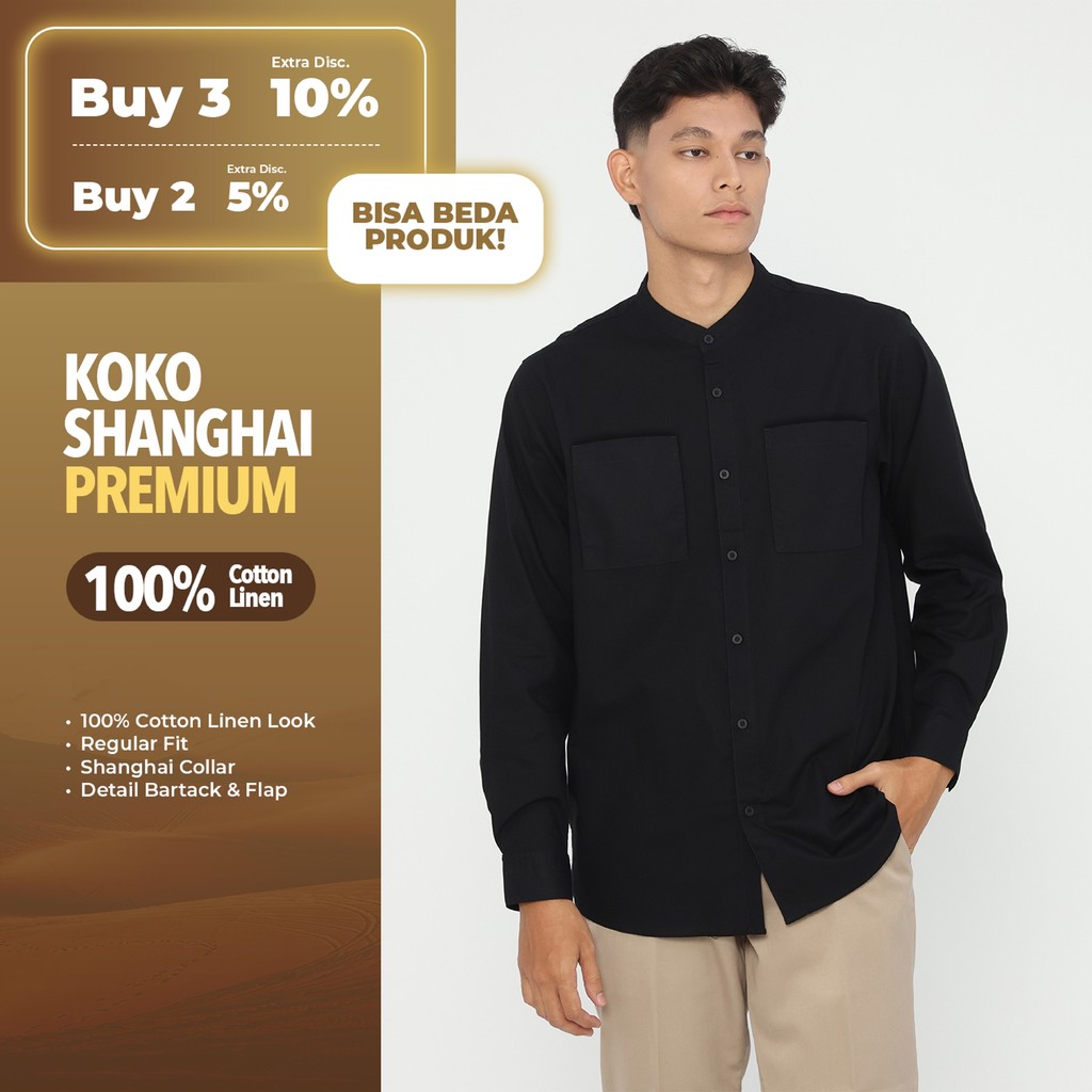 Erigo Koko Shanghai Premium Long Sleeve Anwar Black - Baju Koko Lengan Panjang Premium Katun Linen U