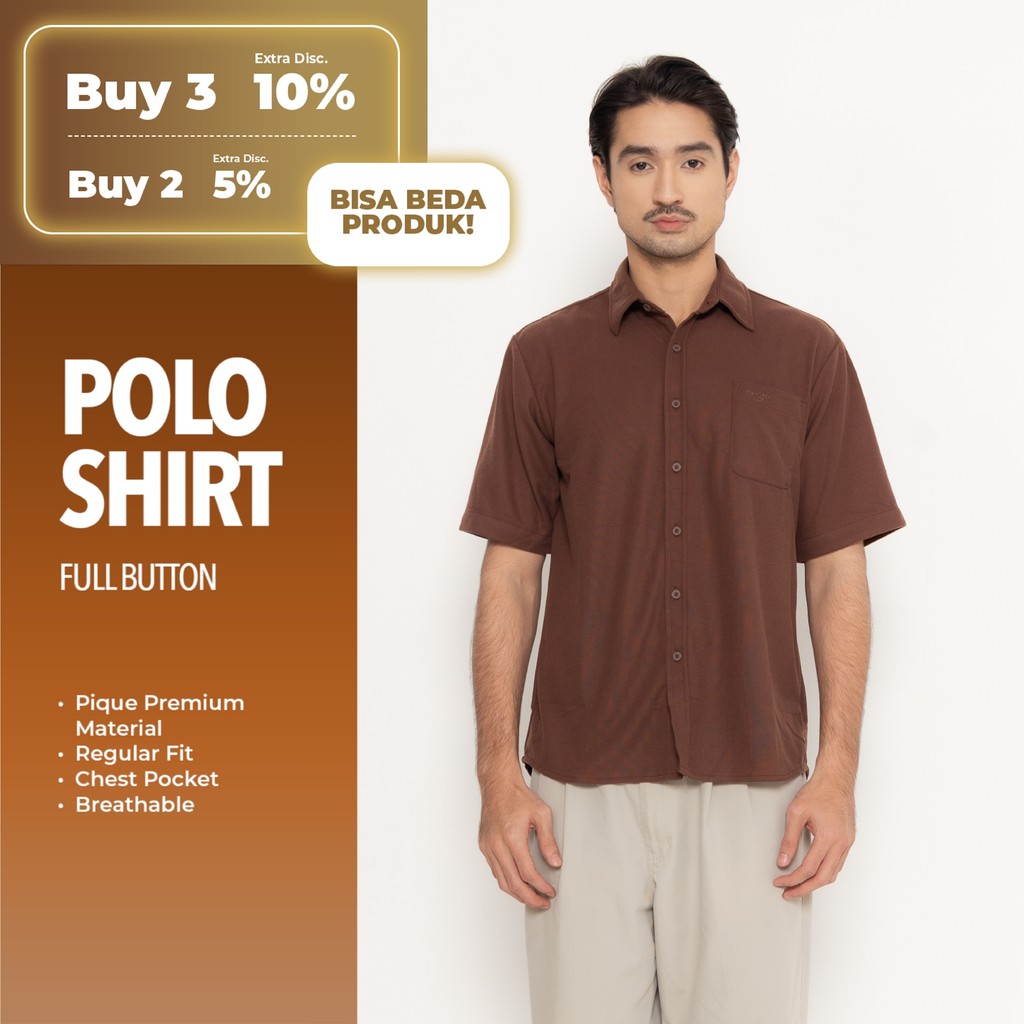 Erigo Polo Shirt Full Button Short Sleeve Fredo Brown - Kemeja Kerah Lengan Pendek Polos Unisex