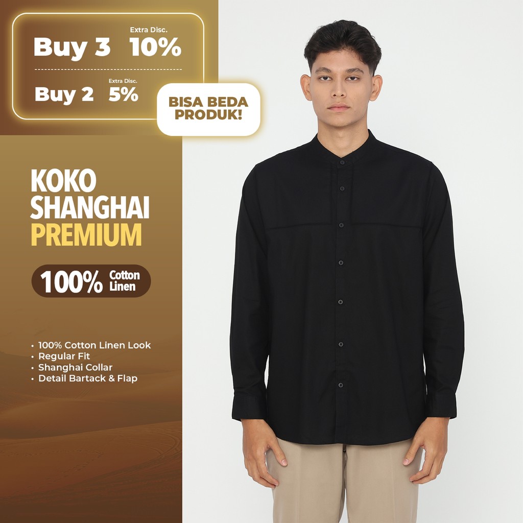 Erigo Koko Shanghai Premium Long Sleeve Zuhair Black - Baju Koko Lengan Panjang Premium Katun Linen 