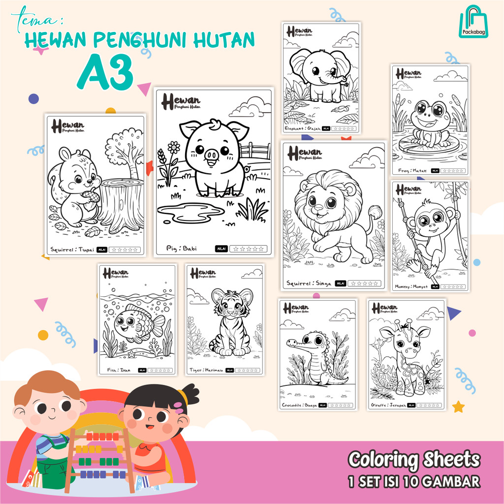 

KERTAS MEWARNAI ANAK UKURAN A3 – ISI 10 LEMBAR – COLORING SHEETS KARTUN EDUKATIF HEWAN TERNAK