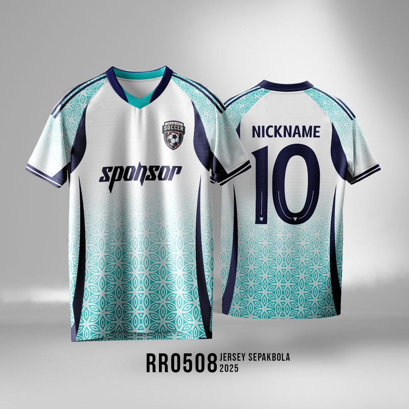 ATASAN BAJU JERSEY BOLA FUTSAL PUTIH BIRU CORAK DAUN CUSTOM LENGAN PENDEK