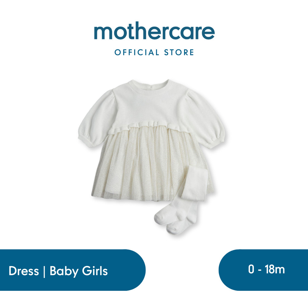 Mothercare Festive White Knitted Dress and Tights Outfit - Dress Bayi Perempuan (Krem)