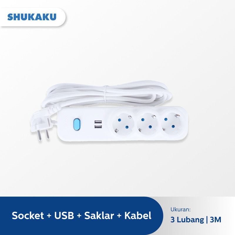 SHUKAKU STOP KONTAK USB SAKLAR 3 LUBANG KABEL 3 METER SKU 8133KSU