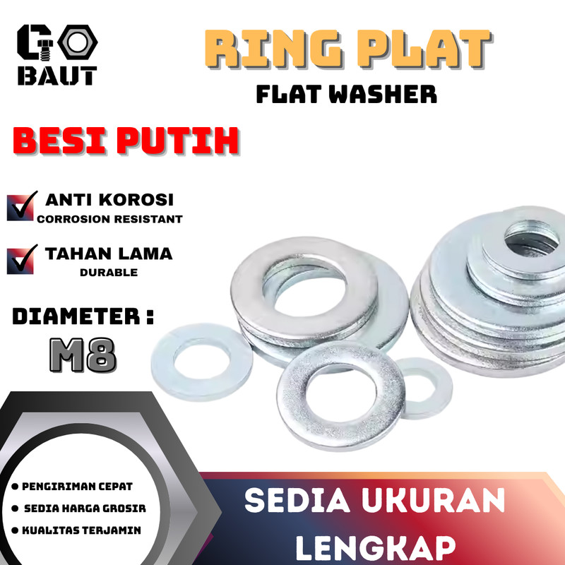 Ring Plat / Flat Washer Besi (Putih) M8