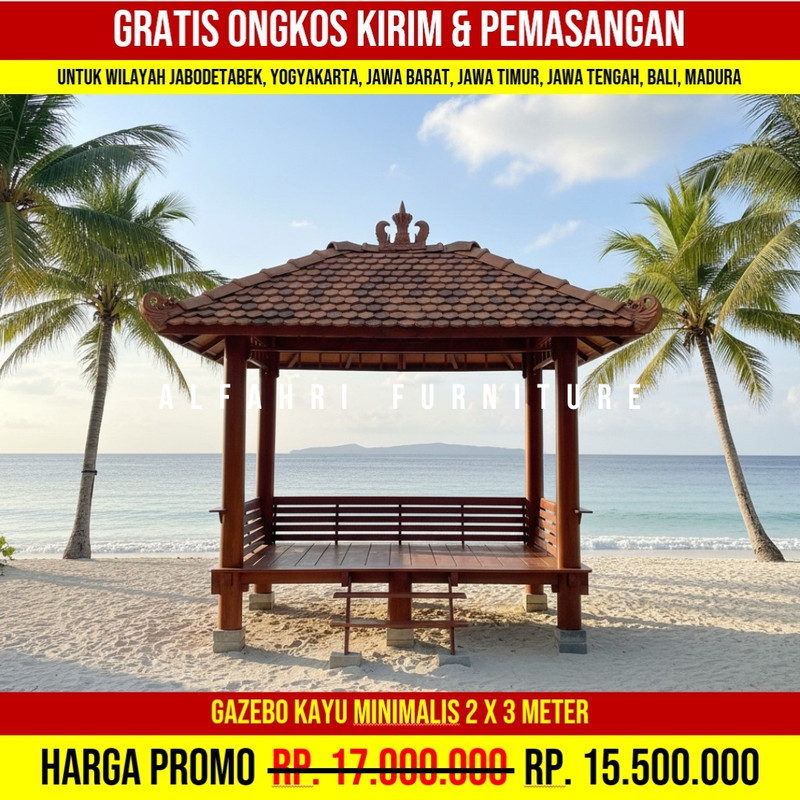 Gazebo Kayu Solid Finishing Natural Siap Kirim Jawa Bali 2x3 Atap Genteng Sirap