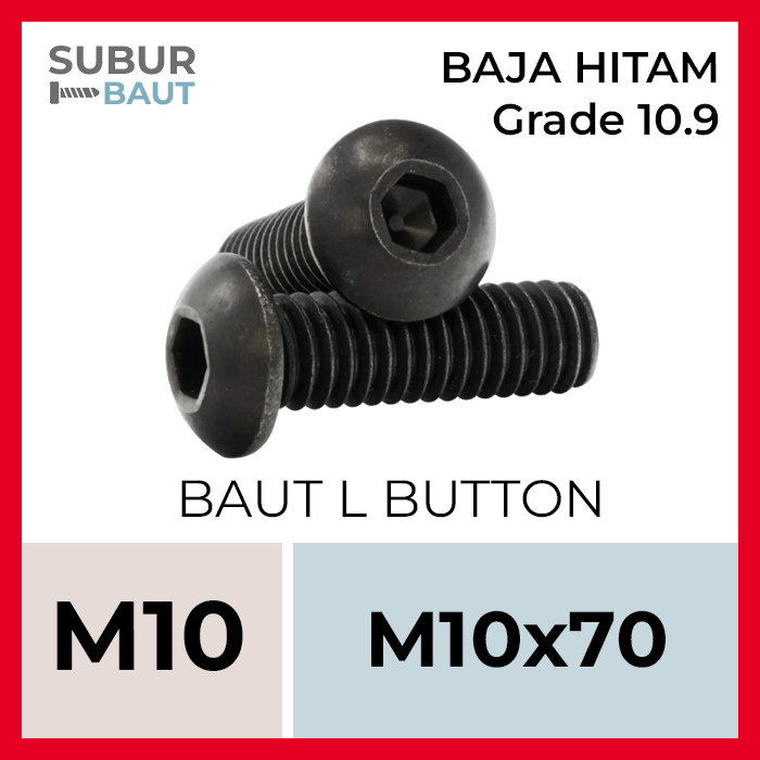 Baut L Button Baja Hitam / Baut Button Baja M10x70 / 10x70 / 10 x 70 [Socket Button Screw Black]