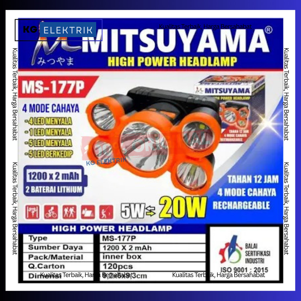 Senter Kepala Mitsuyama 177P 4 mode cahaya 5 XPE LED Putih