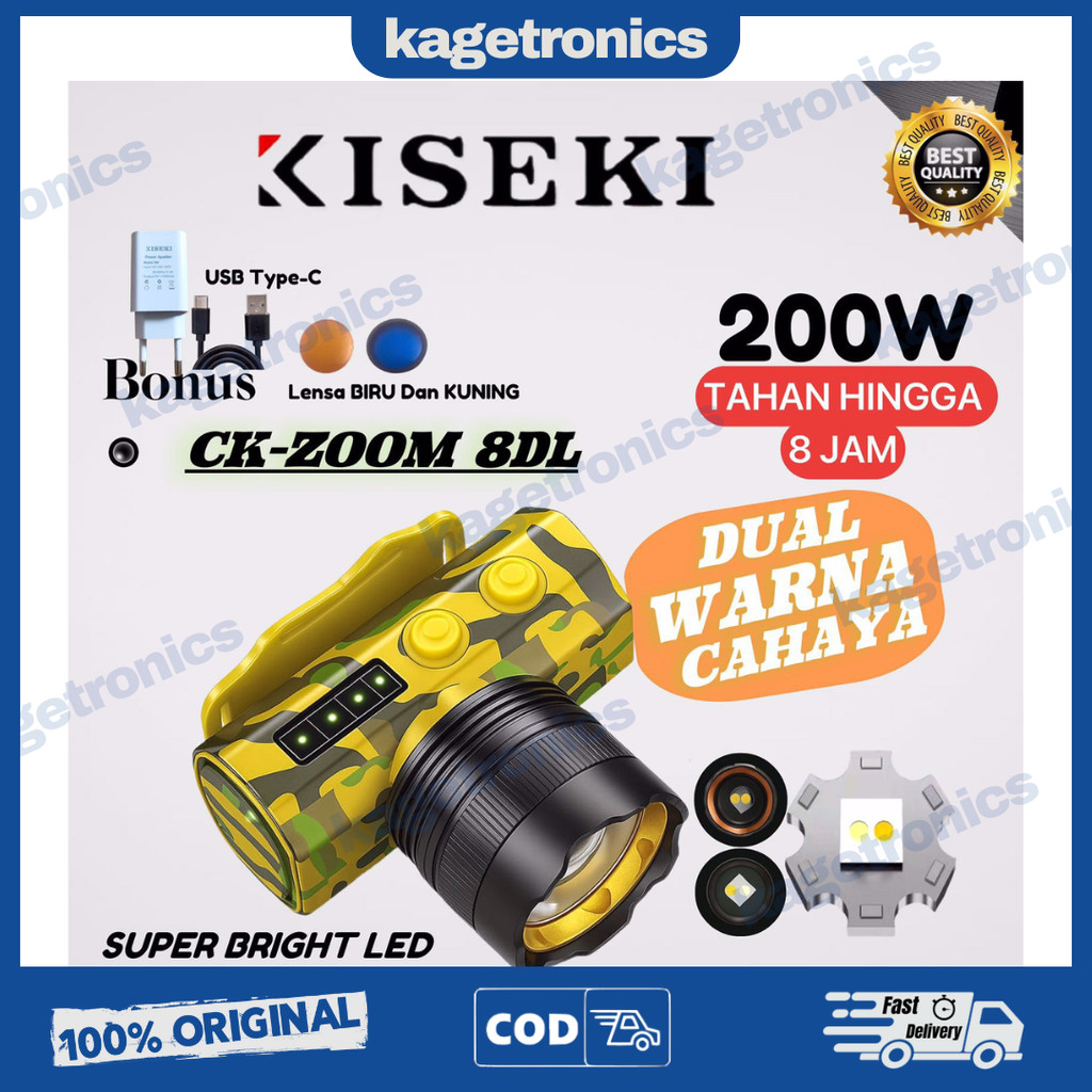 Kiseki Senter Kepala CK-ZOOM 8DL 200Watt Senter Kepala Dua Warna Cahaya Senter Kepala Zoom Tahan Hin