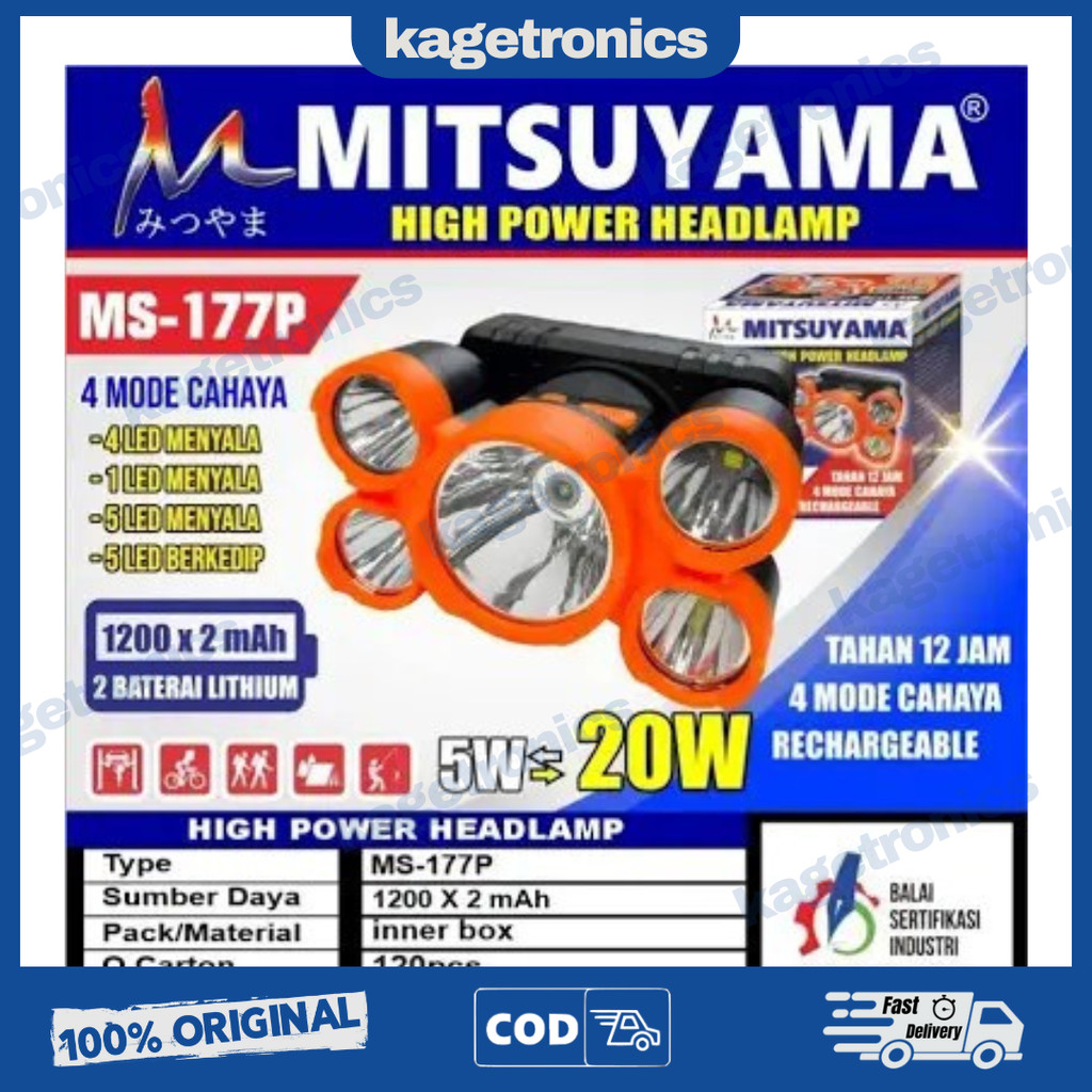 Senter Kepala Mitsuyama 177P 4 mode cahaya 5 XPE LED Putih