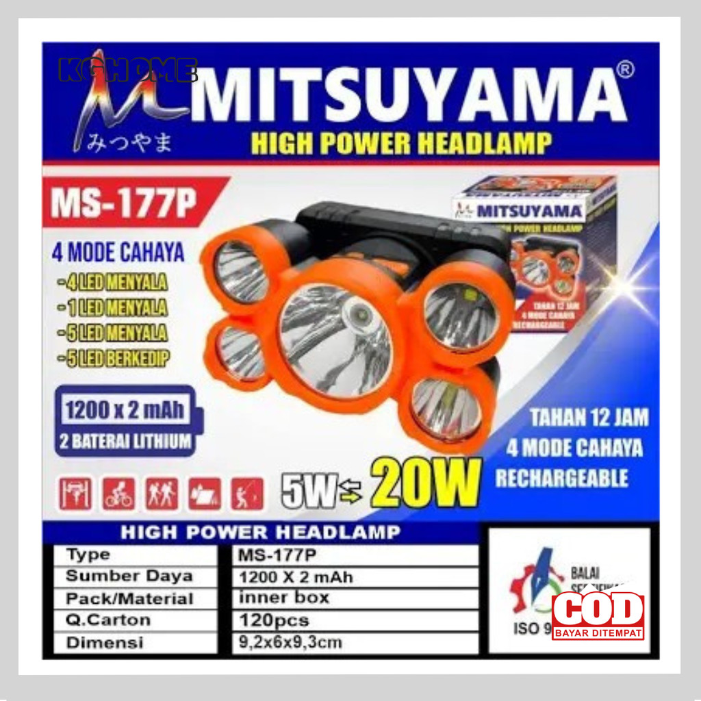 Senter Kepala Mitsuyama 177P 4 mode cahaya 5 XPE LED Putih
