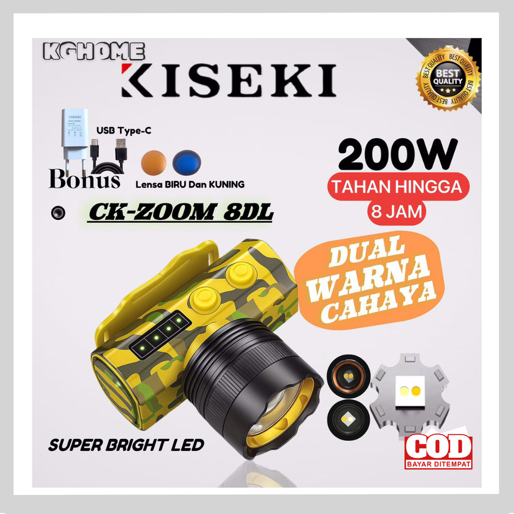 Kiseki Senter Kepala CK-ZOOM 8DL 200Watt Senter Kepala Dua Warna Cahaya Senter Kepala Zoom Tahan Hin