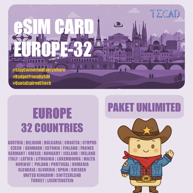 Tec eSIM Europe Eropa-32 Areas Internet Paket Unlimited UNLIMITED/Day - 3 Hari