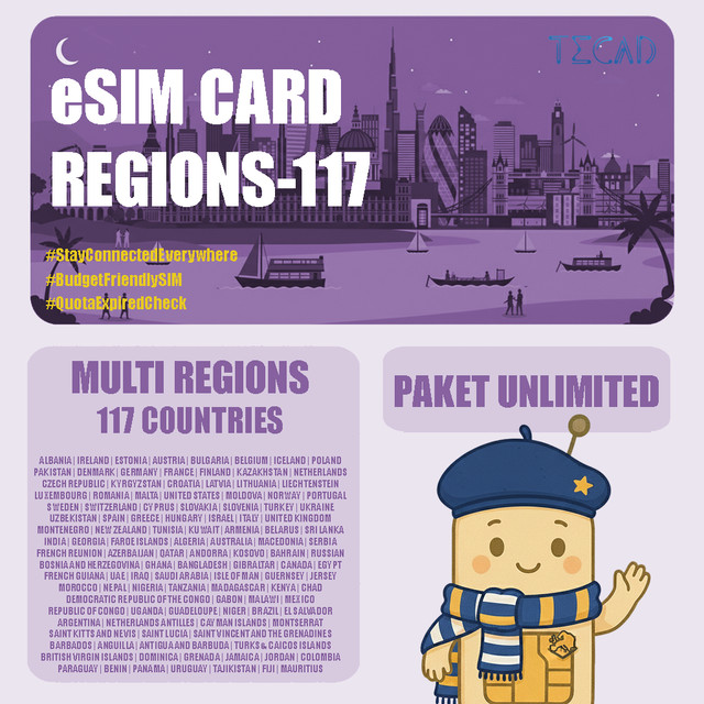 Tec eSIM Multi Region-117 Areas Internet Paket Unlimited UNLIMITED/Day - 3 Hari