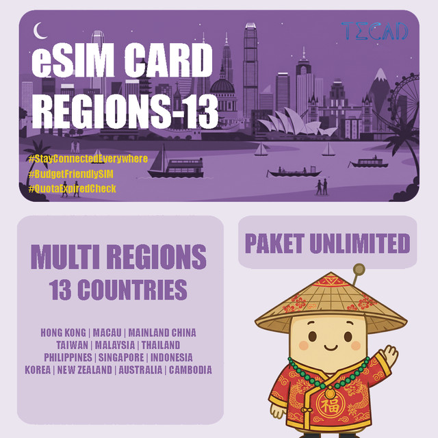 Tec eSIM Multi Region-13 Areas Internet Paket Unlimited UNLIMITED/Day - 3 Hari