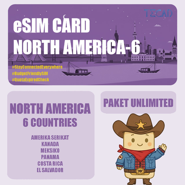 Tec eSIM North America-6 Areas Internet Paket Unlimited UNLIMITED/Day - 3 Hari