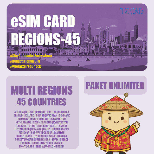 Tec eSIM Multi Region-45 Areas Internet Paket Unlimited UNLIMITED/Day - 3 Hari