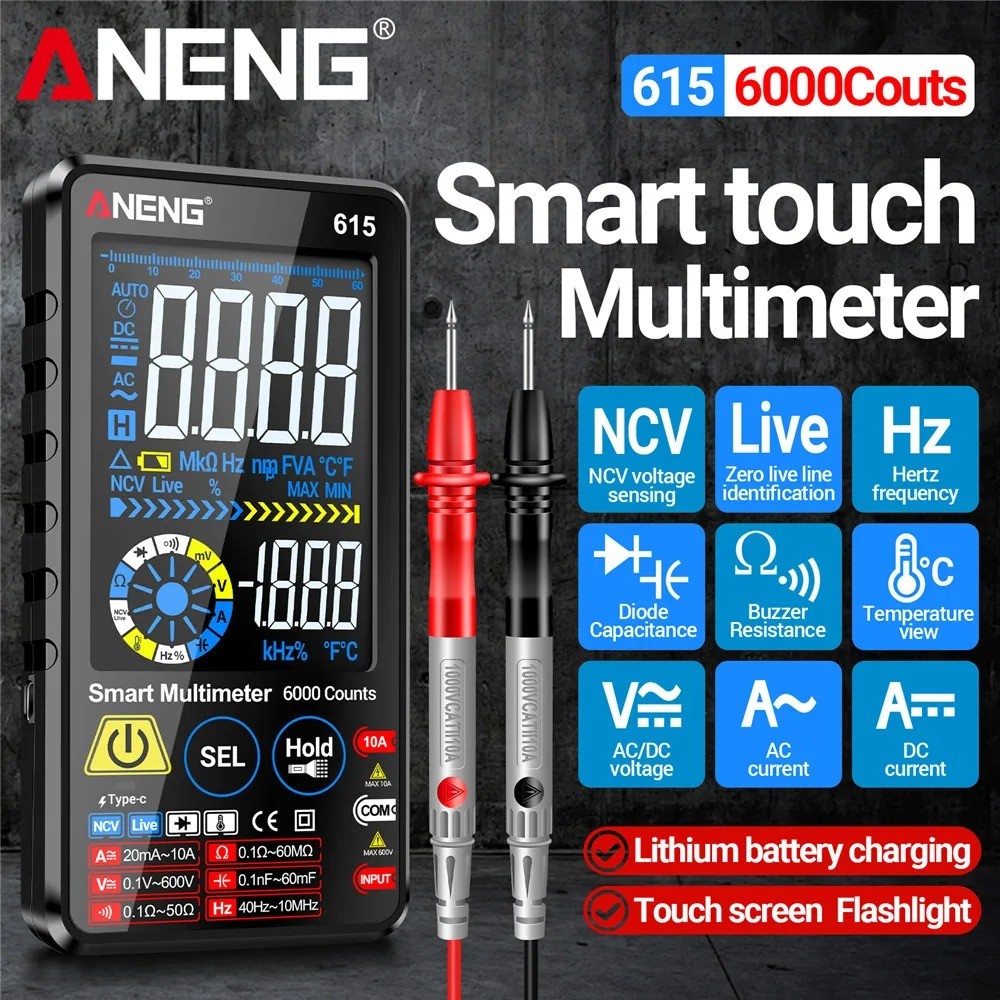 - ANENG Digital Multimeter Touchscreen NCV Lighting 6000 Count 700mAh - 615 -