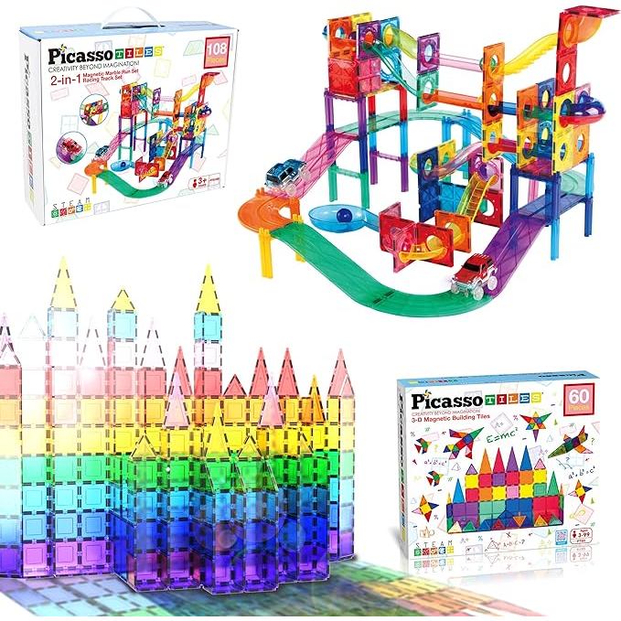PicassoTiles 108PC Marble Run Magnetic Race Track 