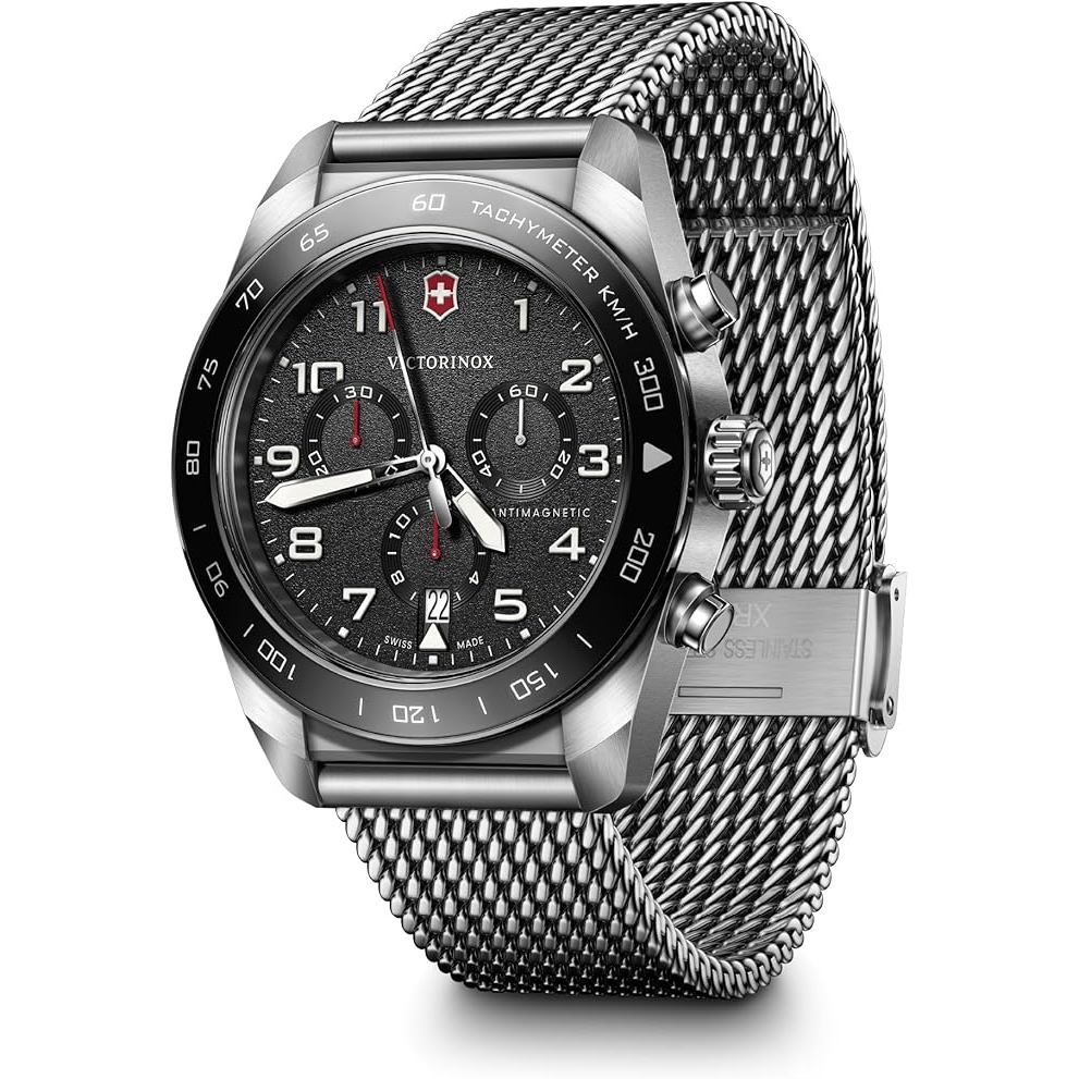 Victorinox Swiss Army Chronograph Black Dial Mesh Stainless Steel Watch 42mm - 242048