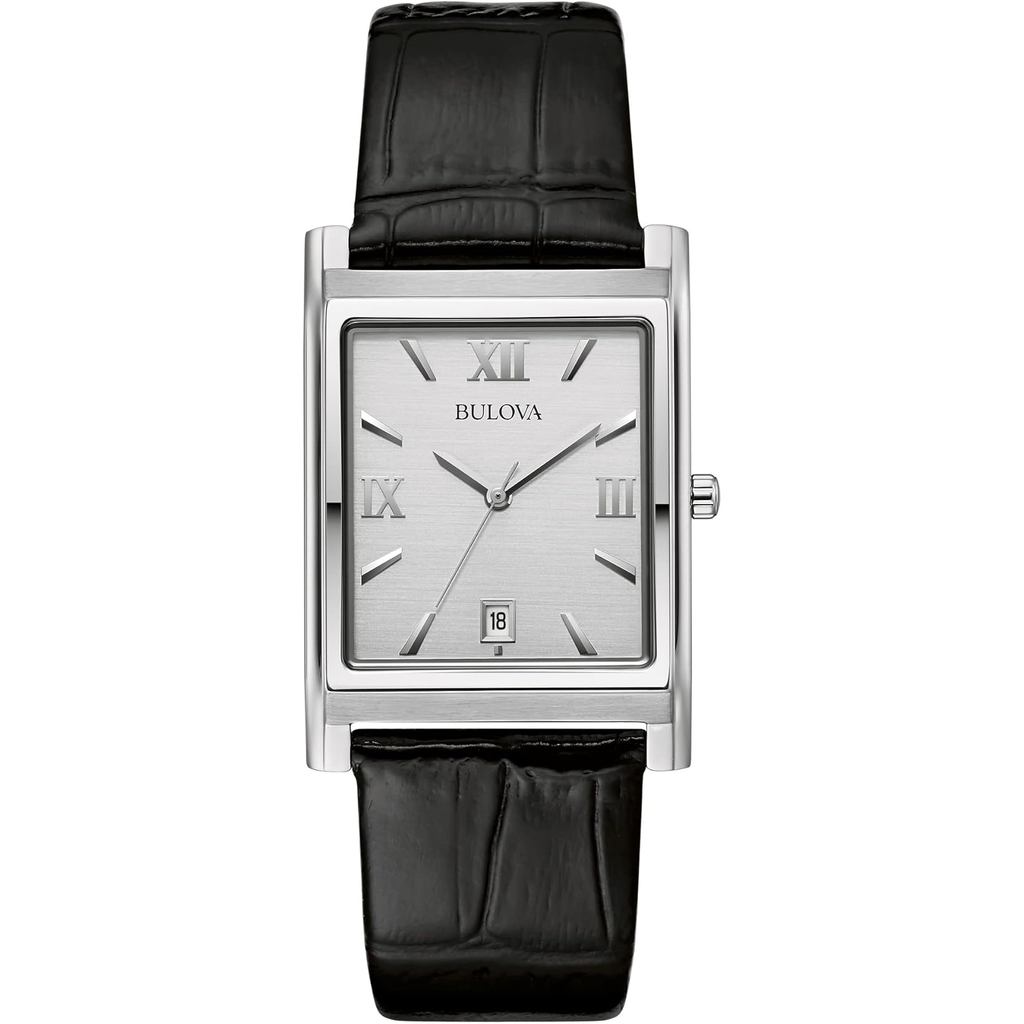 Bulova Men's Stainless Steel 3-Hand Calendar Date Quartz Watch with Black Leather Strap, Rectangle D