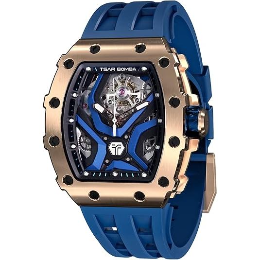 TSAR BOMBA Watches for Men Automatic Mechanical Men's Analog Watch Skeleton Wrist Watch Tonneau Watc