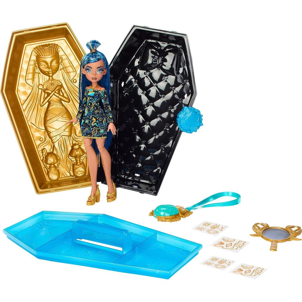 MONSTER HIGH Doll & Accessories, Cleo De Nile Golden Glam Case Beauty Kit with Tattoos, Stickers & N