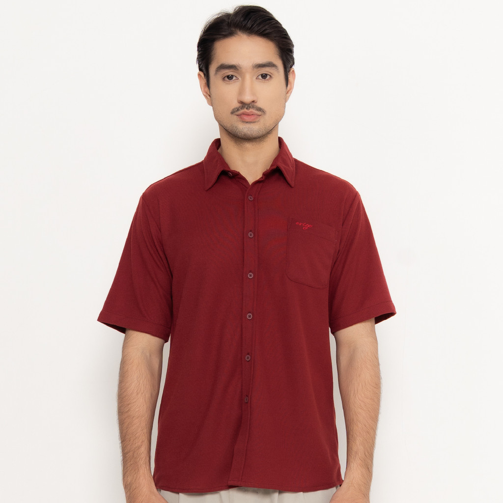 Erigo Polo Shirt Full Button Short Sleeve Fritz Maroon - Kemeja Kerah Lengan Pendek Polos Unisex