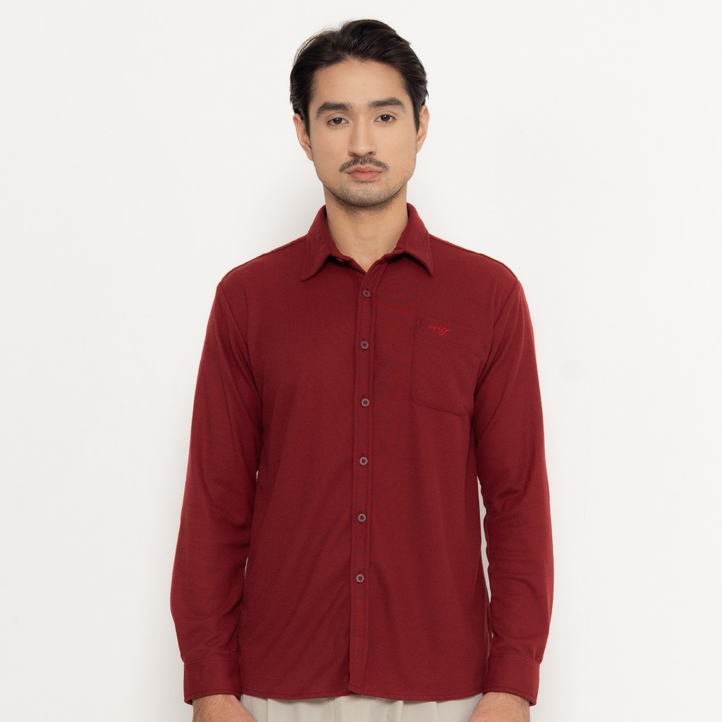 Erigo Polo Shirt Full Button Long Sleeve Berthran Maroon - Kemeja Kerah Lengan Panjang Polos Unisex