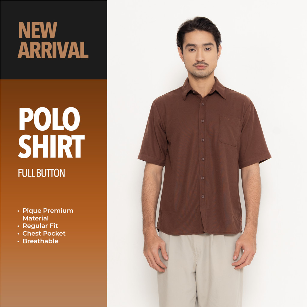 Erigo Polo Shirt Full Button Short Sleeve Fredo Brown - Kemeja Kerah Lengan Pendek Polos Unisex