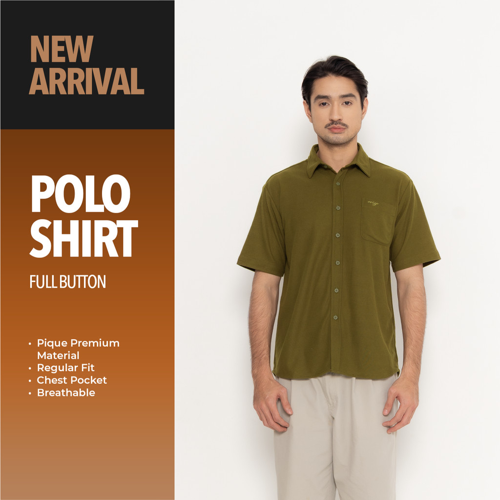 Erigo Polo Shirt Full Button Short Sleeve Filbert Olive - Kemeja Kerah Lengan Pendek Polos Unisex