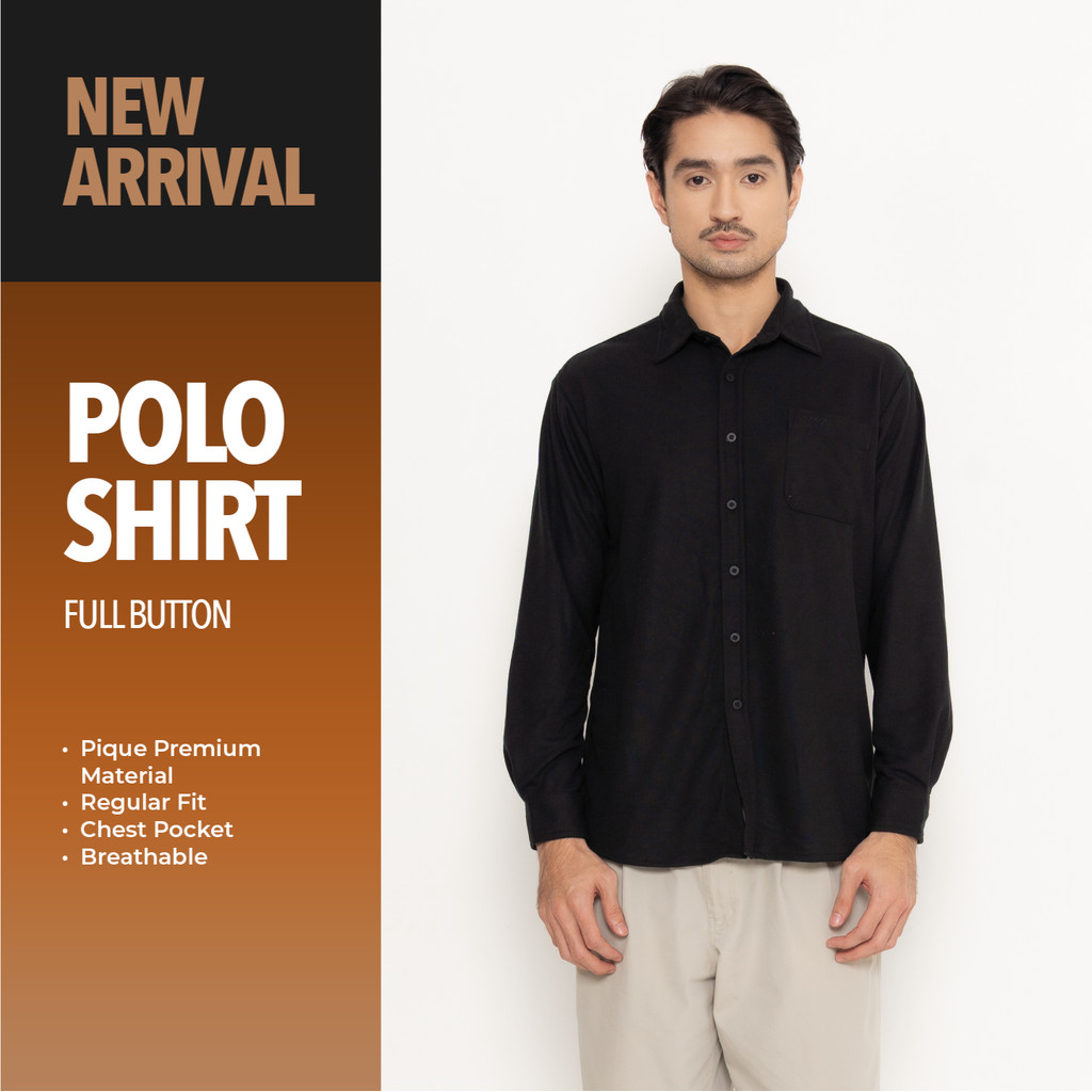 Erigo Polo Shirt Full Button Long Sleeve Boby Black - Kemeja Kerah Lengan Panjang Polos Unisex