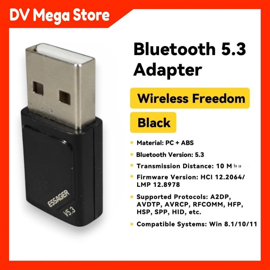 DV Mega Store ESSAGER USB Bluetooth 5.3 Adapter Receiver Transmitter Dongle for PC - EBT53-JH01-P
