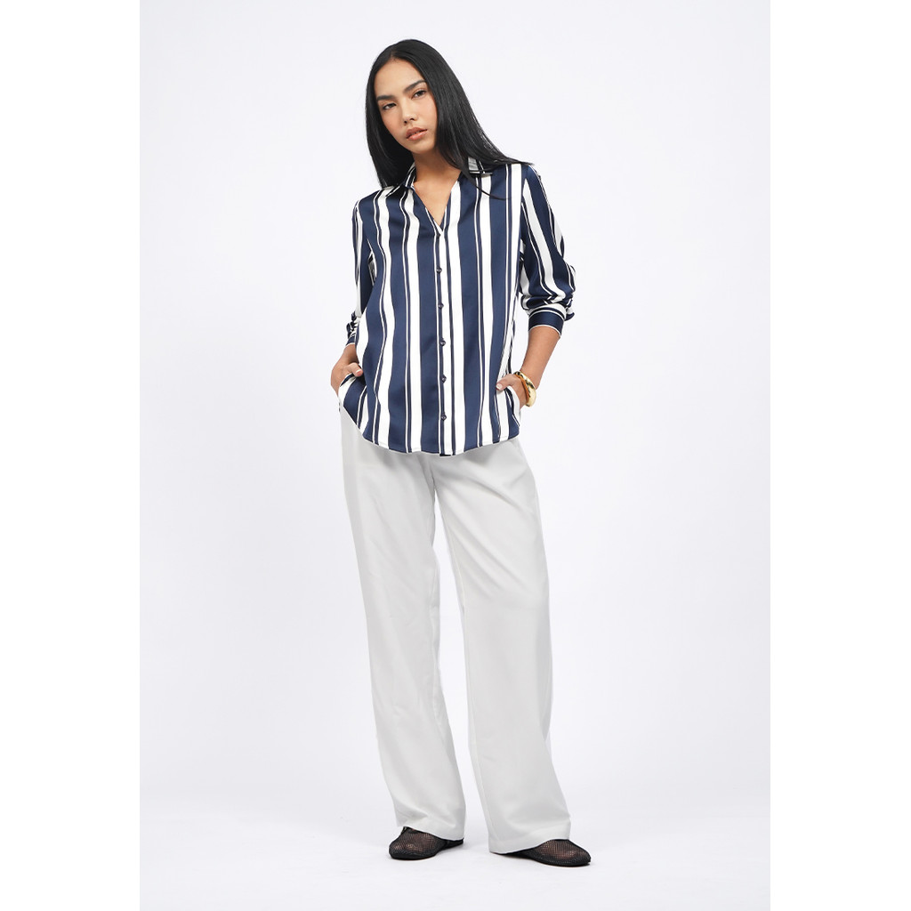 Executive V-Neck Satin Stripes Blouse Navy