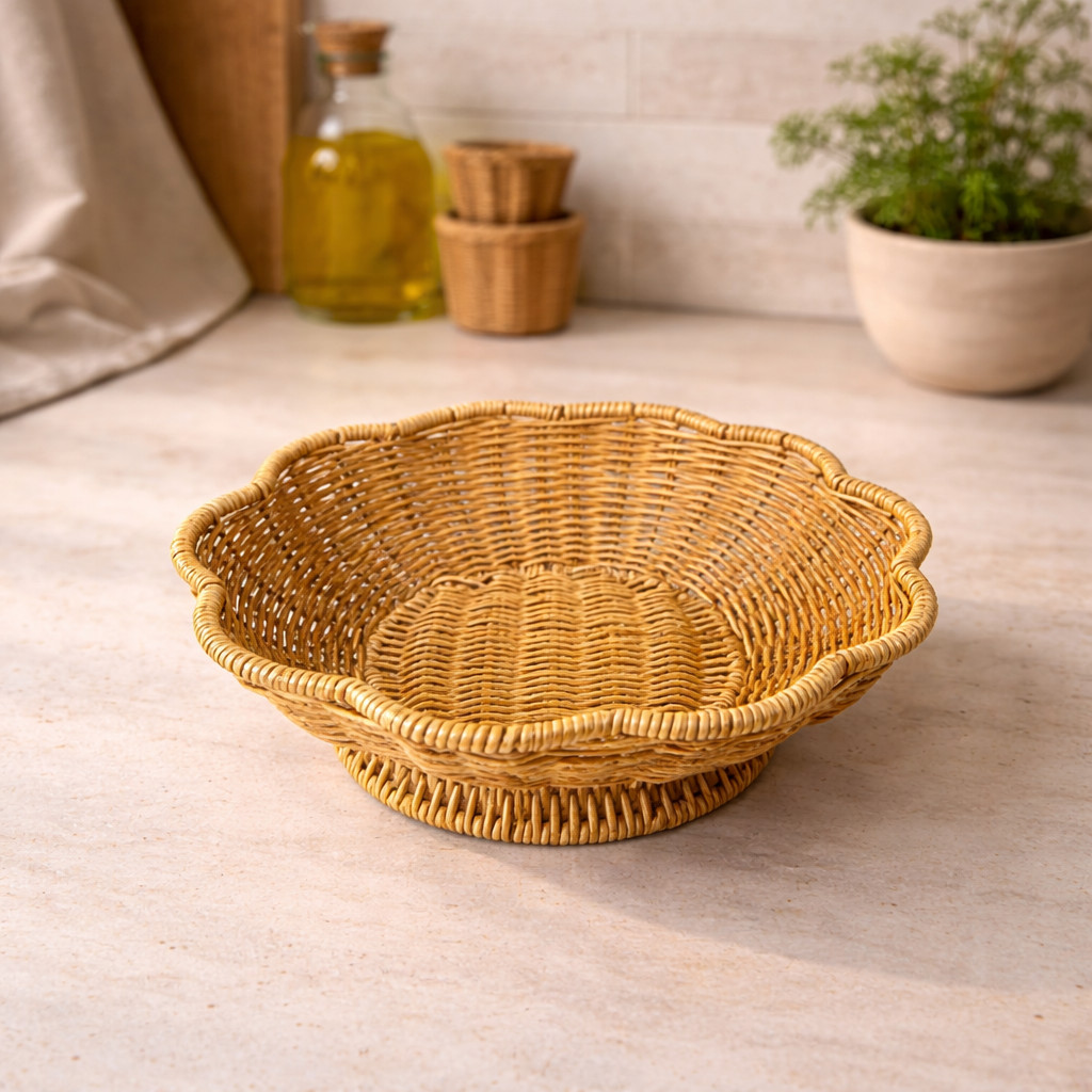 Keranjang Buah Fruit Basket Anyaman Rotan Plastik Wadah Saji Roti Snack Sayuran Bulat Multifungsi