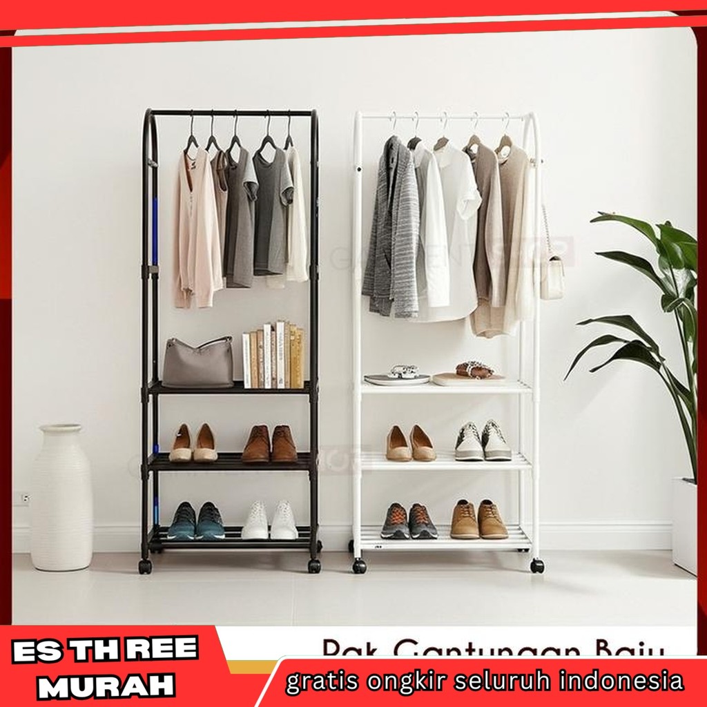RAK GANTUNGAN BAJU SEPATU PORTABLE 2 3 RODA PENYIMANAN TAS PRAKTIS MINIMALIS MODERN PROMO RAMADHAN