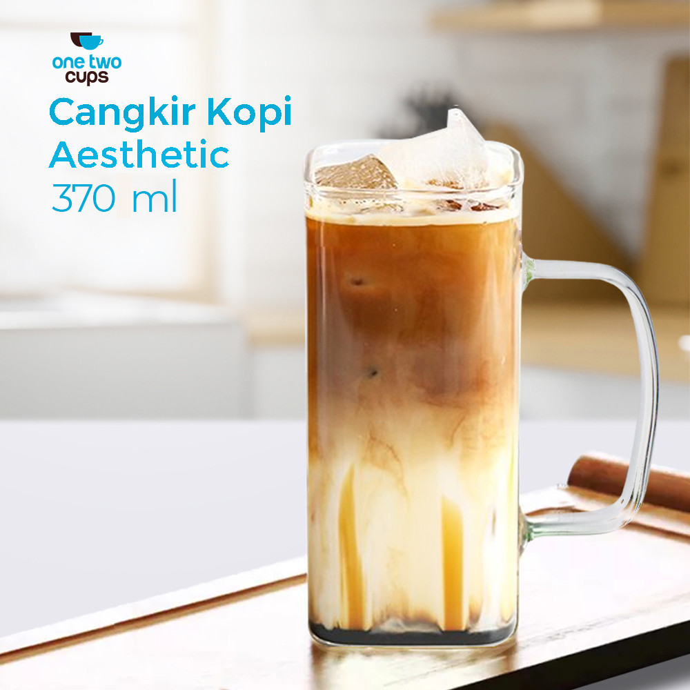 One Two Cups Cangkir Kopi Kaca Tahan Panas Kotak Aesthetic Mug 370ml - CL001
