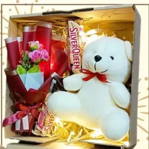 Hampers Boneka bear krem mix Coklat dan mini bucket +Led 300g
