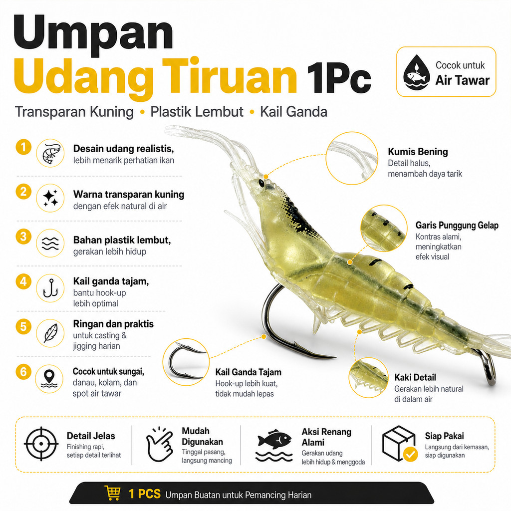 Umpan Pancing Udang Kecil Tiruan 1Pc Warna Transparan Kuning Bahan Plastik Lembut Dengan Kail Ganda 