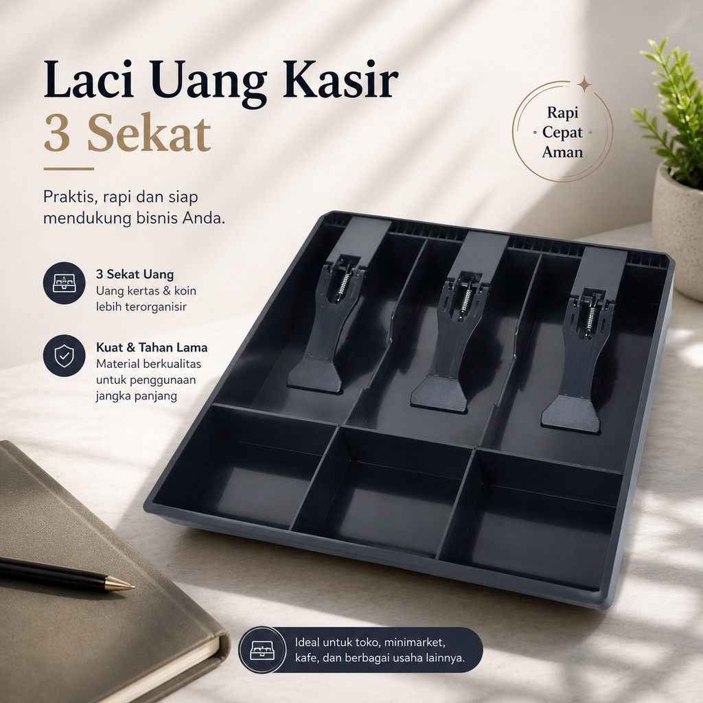 Laci Uang Kasir 3 Sekat Plastik Coin Cash Drawer Tray Tempat Uang Laci Kasir