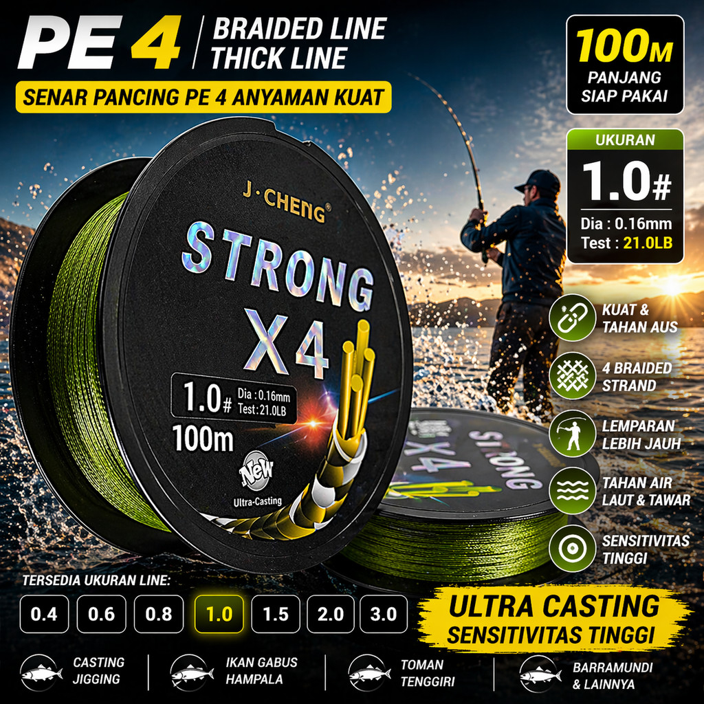 J-Cheng Senar Pancing PE 4 Braided Strand Fishing Line 100M - JC4180 SHANY_STORE
