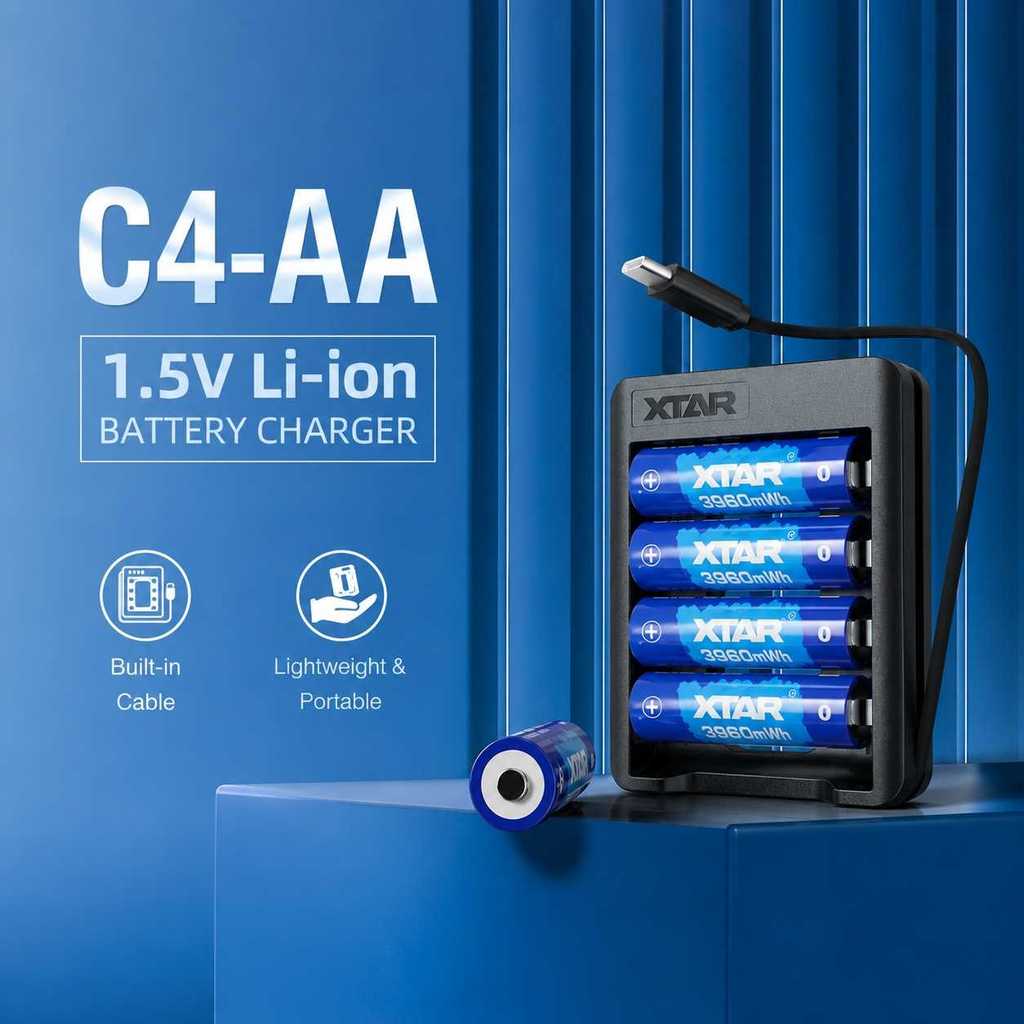Charger Baterai 4 Slot AA 1.5 V Li-ion 5V 2A Built-in USB Type-C Hitam