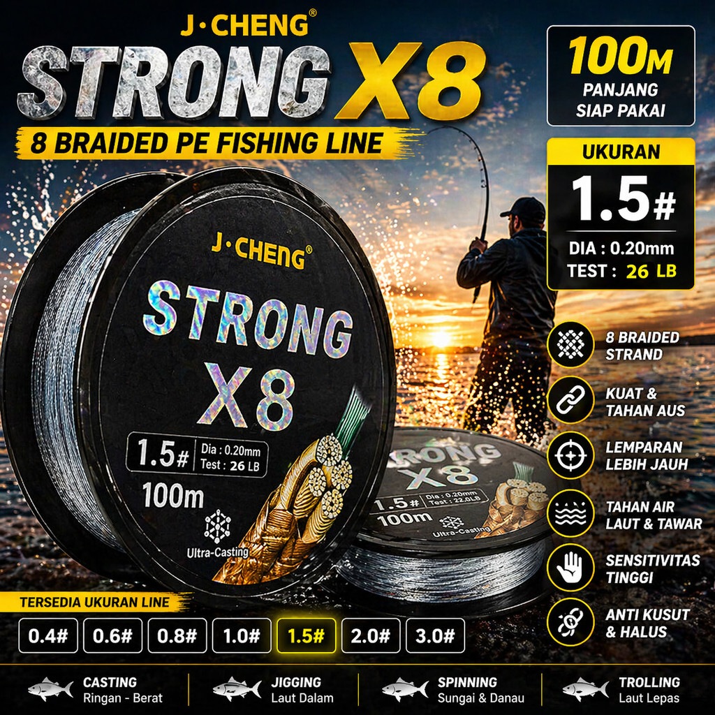 J-Cheng Senar Pancing PE 8 Braided Strand Fishing Line 100M - JC4188 SHANY_STORE