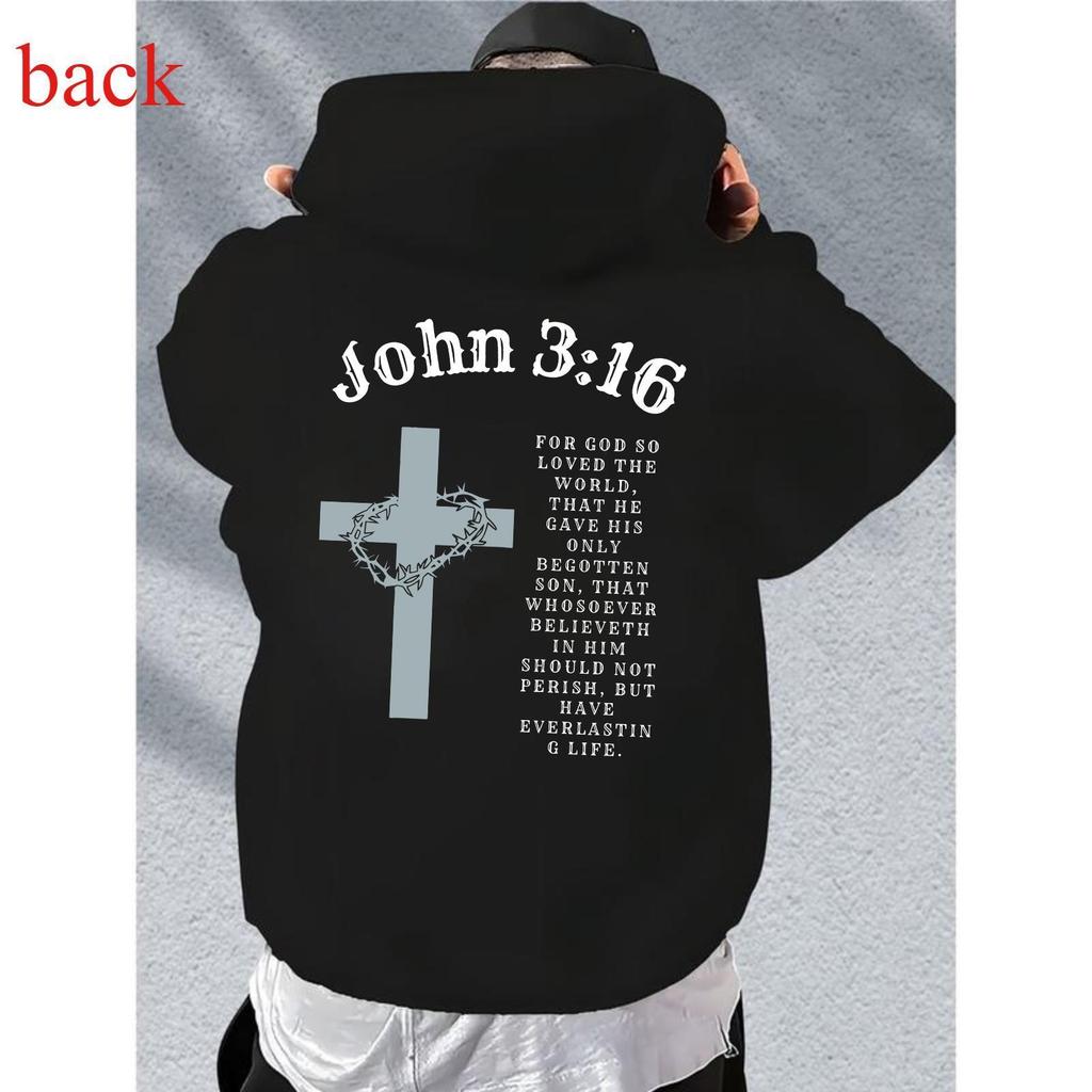 Men's John 3:16 with cross print Graphic Hoodie -  Black Long Sleeve Pullover Regular Fit |   Soft &